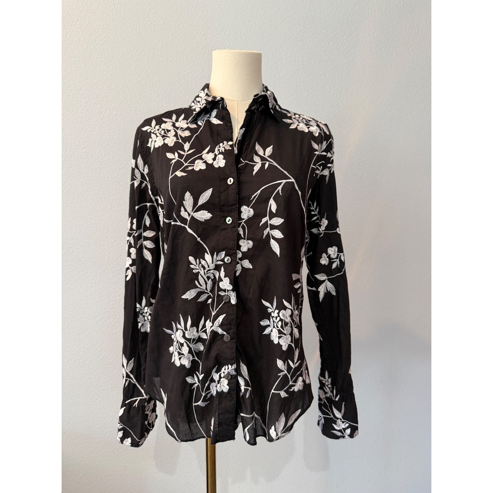 Cino Cotton Floral Embroidered Button Up Shirt Black Long Sleeve Boho Cottage XS